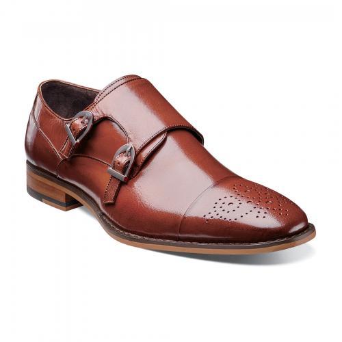 Stacy Adams "Trevor" Cognac Buffalo Leather Double Monk Strap Shoes 24943